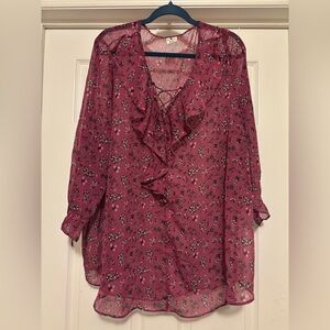 d. jeans Rose Floral Ruffle Tie-Neck Blouse